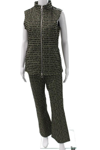 Vilagallo Women Green High Neck Sleeveless Vest Zip Text Outfit Set Size S