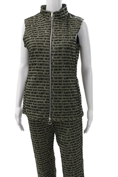 Vilagallo Women Green High Neck Sleeveless Vest Zip Text Outfit Set Size S