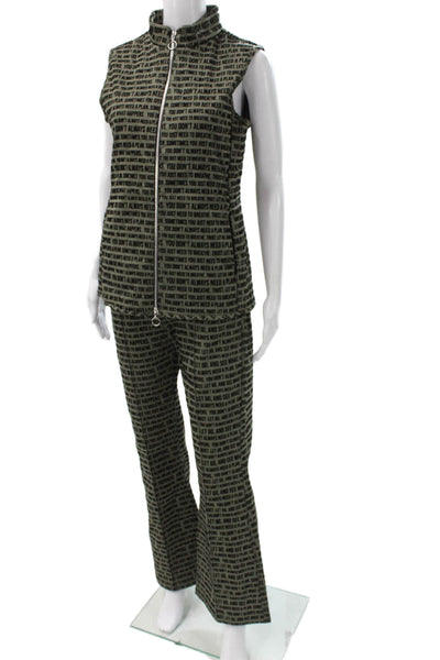 Vilagallo Women Green High Neck Sleeveless Vest Zip Text Outfit Set Size S