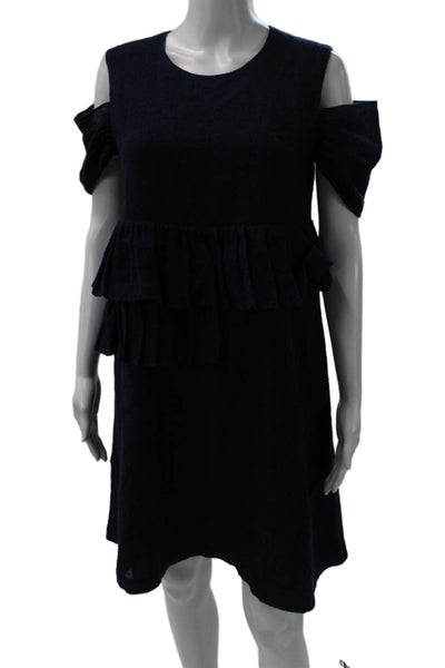Morgane Le Fay Womens Shift Dress Blue Silk Short Sleeve Round Neck Size S