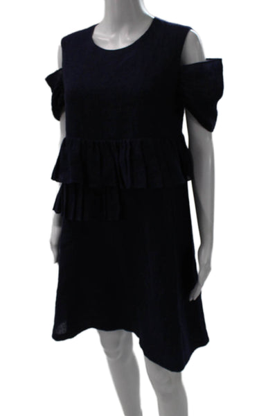 Morgane Le Fay Womens Shift Dress Blue Silk Short Sleeve Round Neck Size S