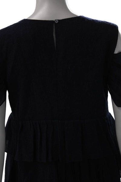 Morgane Le Fay Womens Shift Dress Blue Silk Short Sleeve Round Neck Size S