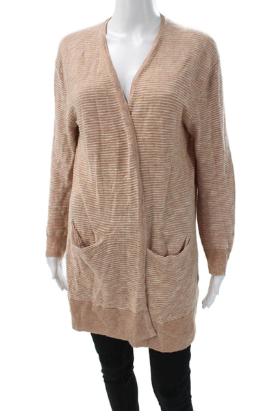 Madewell Women Beige Striped Cotton V-Neck Long Sleeve Cardigan Sweater Size S