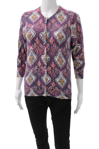 J Crew Womens Multicolor Paisley V-Neck Cotton Cardigan 3/4 Sleeve Size M