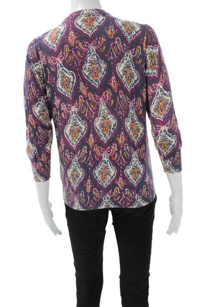 J Crew Womens Multicolor Paisley V-Neck Cotton Cardigan 3/4 Sleeve Size M