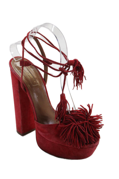 Aquazzura Womens Suede Tasseled Platform Heels Red Size 8