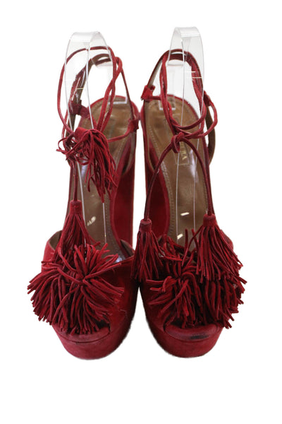 Aquazzura Womens Suede Tasseled Platform Heels Red Size 8