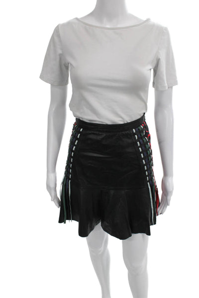 Tanya Taylor Women Black Leather Geometric Flare Skirt Size 4