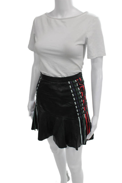 Tanya Taylor Women Black Leather Geometric Flare Skirt Size 4