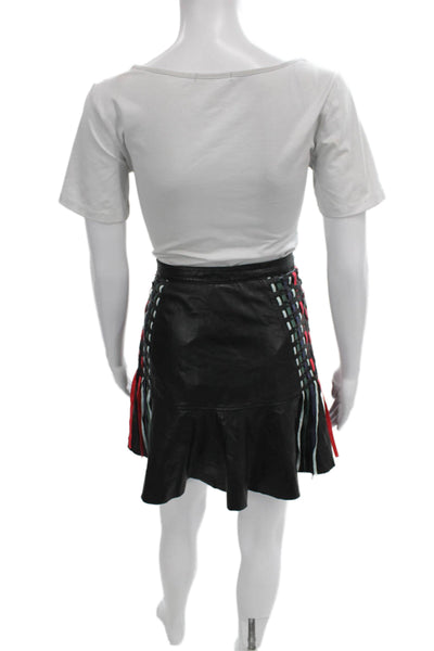 Tanya Taylor Women Black Leather Geometric Flare Skirt Size 4