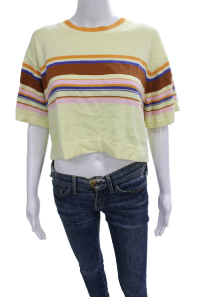 Rodebjer Women Cropped T-Shirt Yellow Striped Cotton Short Sleeve Size S