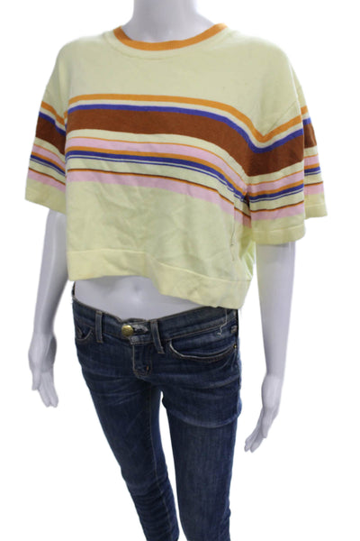 Rodebjer Women Cropped T-Shirt Yellow Striped Cotton Short Sleeve Size S