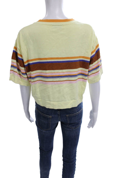 Rodebjer Women Cropped T-Shirt Yellow Striped Cotton Short Sleeve Size S