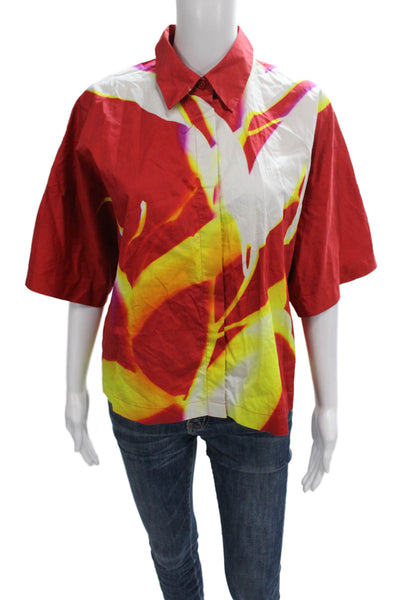 COS Women Basic Collared Button-Up Short Sleeve Cotton Top Red Size 4