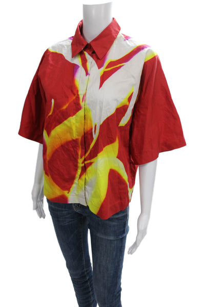 COS Women Basic Collared Button-Up Short Sleeve Cotton Top Red Size 4
