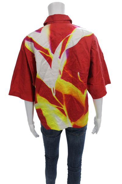 COS Women Basic Collared Button-Up Short Sleeve Cotton Top Red Size 4