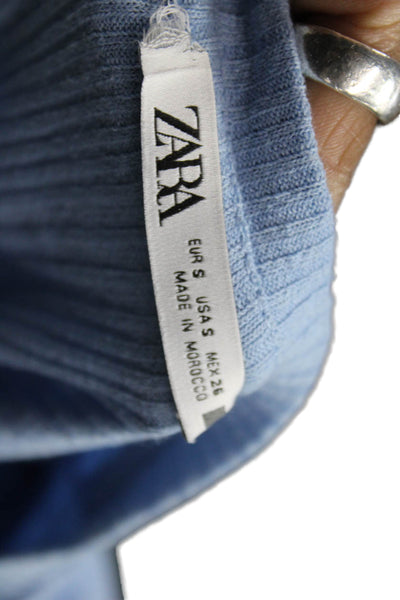 Zara Women Tunic T Shirt Blue Cotton Blend Round Neck Short Sleeve Size S