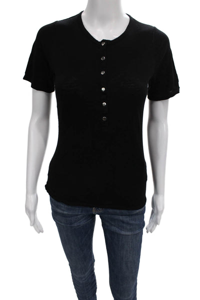 Michael Lauren Women Black Henley Cotton T-Shirt Short Sleeve Button Size XS