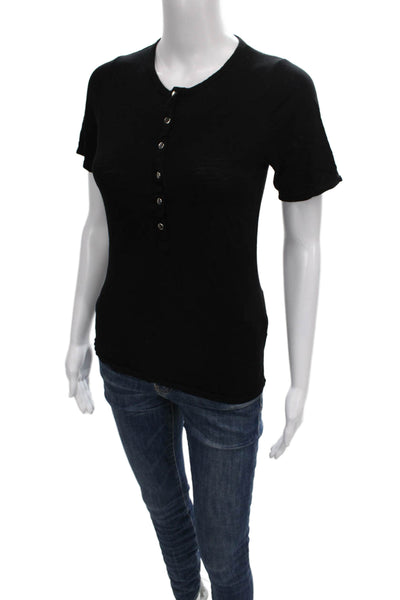 Michael Lauren Women Black Henley Cotton T-Shirt Short Sleeve Button Size XS