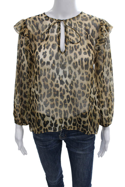 Alice + Olivia Women Tunic Blouse Leopard Silk Long Sleeve Round Neck Size S