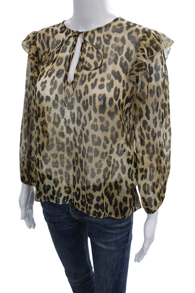 Alice + Olivia Women Tunic Blouse Leopard Silk Long Sleeve Round Neck Size S