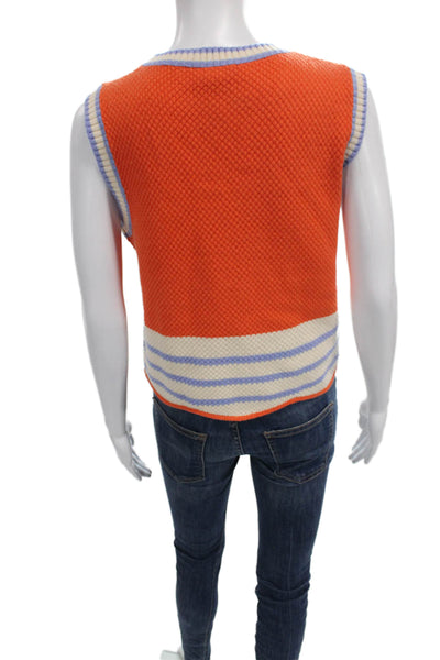 THML Women Striped V-Neck Sleeveless Basic Tank Orange Size S