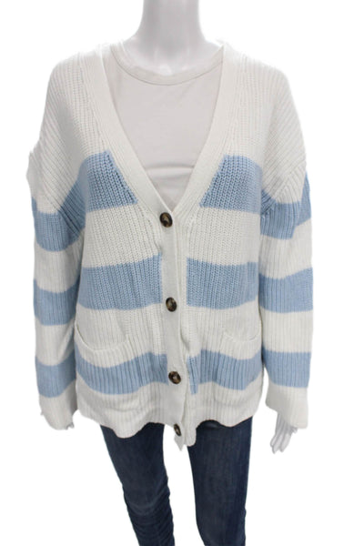 John & Jenn Womens Cardigan Striped V Neck Cotton Blue Long Sleeve Size L