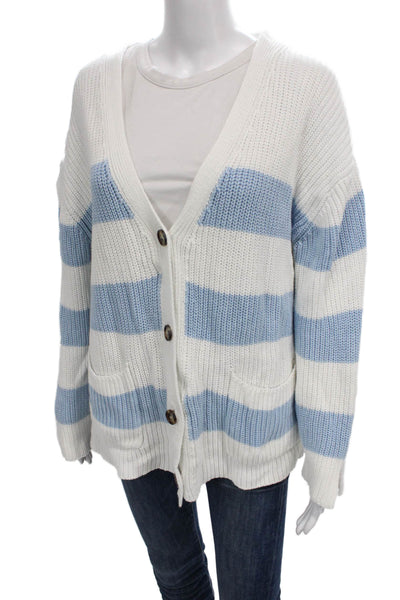 John & Jenn Womens Cardigan Striped V Neck Cotton Blue Long Sleeve Size L