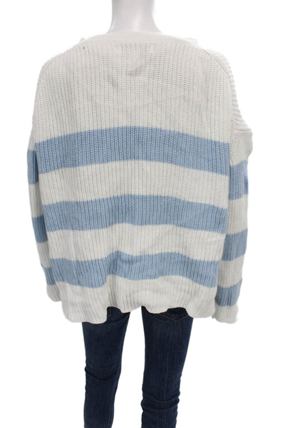John & Jenn Womens Cardigan Striped V Neck Cotton Blue Long Sleeve Size L