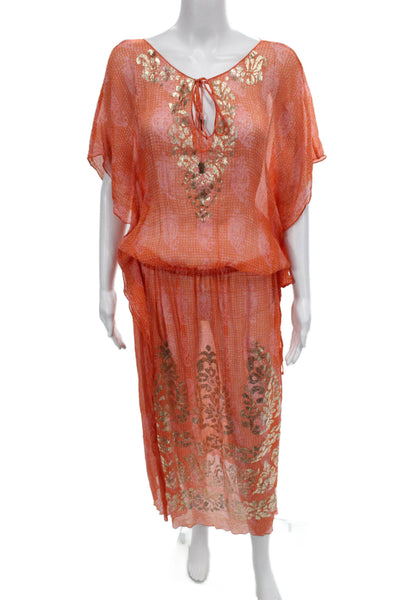 Hale Bob Cabana Women Silk Paisley Kaftan Cover Up Orange Size S