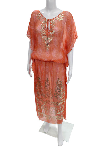 Hale Bob Cabana Women Silk Paisley Kaftan Cover Up Orange Size S