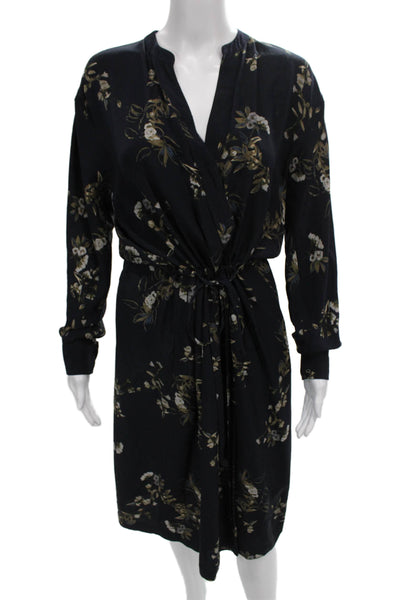 Vince Womens Wrap Dress Black Silk Floral Long Sleeve Knee Length Size S