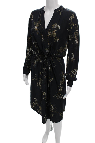 Vince Womens Wrap Dress Black Silk Floral Long Sleeve Knee Length Size S