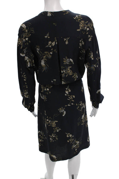 Vince Womens Wrap Dress Black Silk Floral Long Sleeve Knee Length Size S