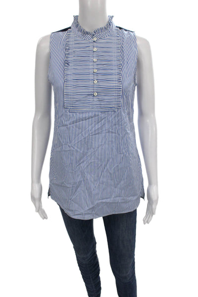 J Crew Womens Tunic Blouse Blue Striped Ruffle Neck Sleeveless Size 4