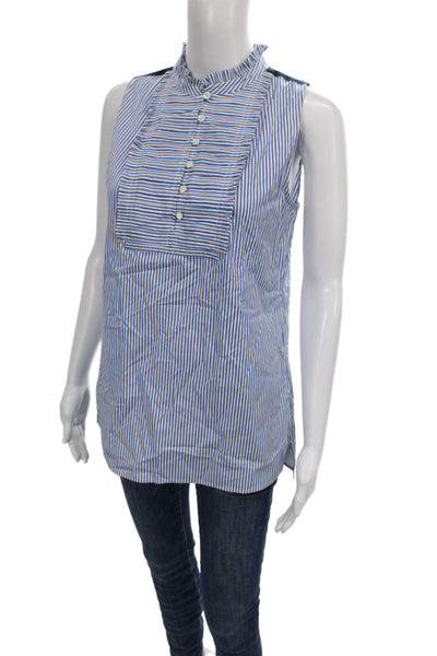 J Crew Womens Tunic Blouse Blue Striped Ruffle Neck Sleeveless Size 4