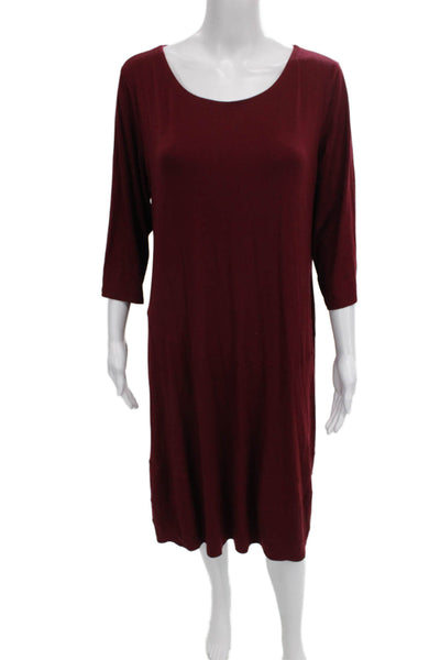 Eileen Fisher Women Red Shift Dress 3/4 Sleeve Scoop Midi Rayon Lycra Size L