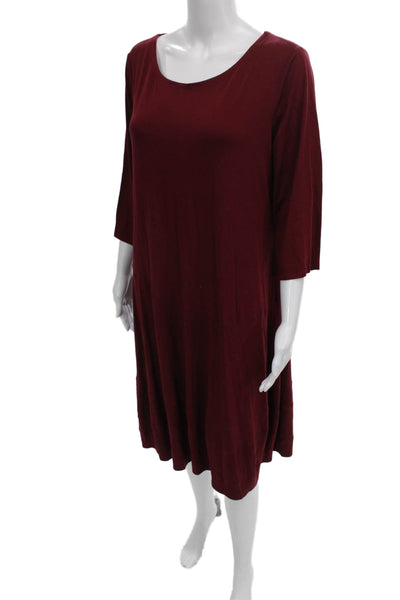 Eileen Fisher Women Red Shift Dress 3/4 Sleeve Scoop Midi Rayon Lycra Size L