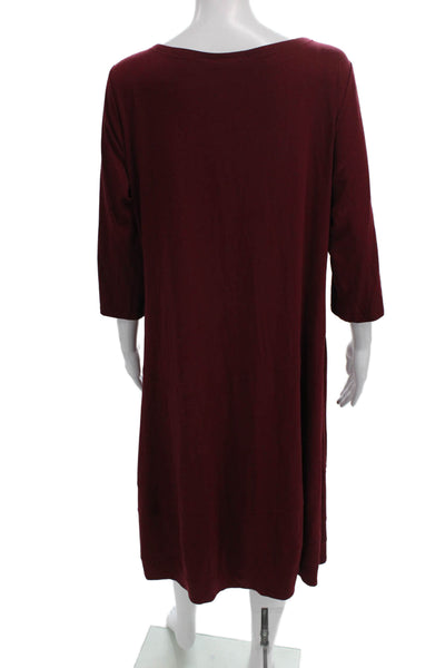 Eileen Fisher Women Red Shift Dress 3/4 Sleeve Scoop Midi Rayon Lycra Size L