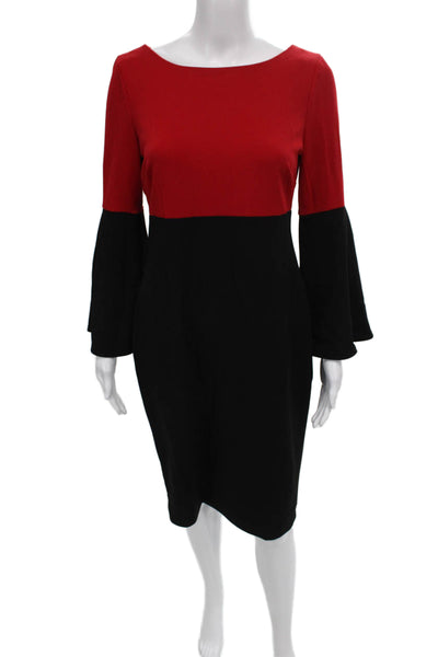 Calvin Klein Women Sheath Dress Red Boat Neck Long Sleeve Size 8