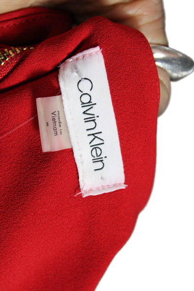 Calvin Klein Women Sheath Dress Red Boat Neck Long Sleeve Size 8
