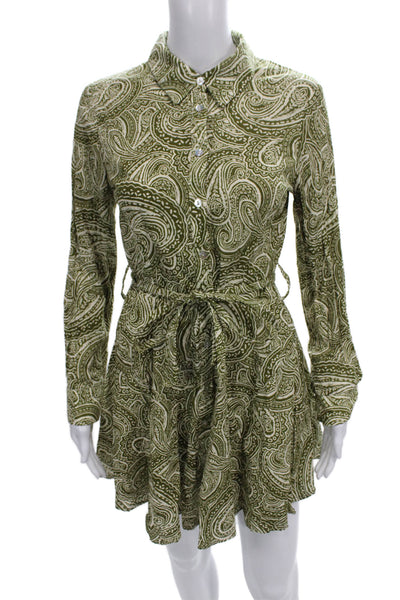 Zara Women Shirt Dress Paisley Green Short Cotton Long Sleeve Size S