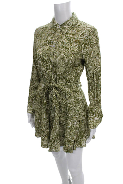 Zara Women Shirt Dress Paisley Green Short Cotton Long Sleeve Size S