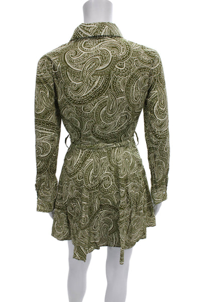 Zara Women Shirt Dress Paisley Green Short Cotton Long Sleeve Size S