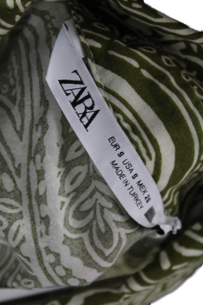 Zara Women Shirt Dress Paisley Green Short Cotton Long Sleeve Size S