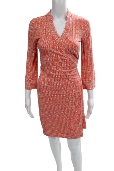 C Wonder Women Wrap Dress Orange Geometric 3/4 Sleeve V-Neck Size XS