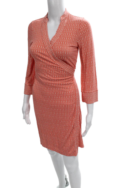 C Wonder Women Wrap Dress Orange Geometric 3/4 Sleeve V-Neck Size XS