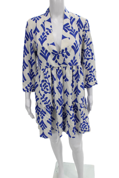 Zara Women Shift Dress Blue Floral V-Neck 3/4 Sleeve Short Size S