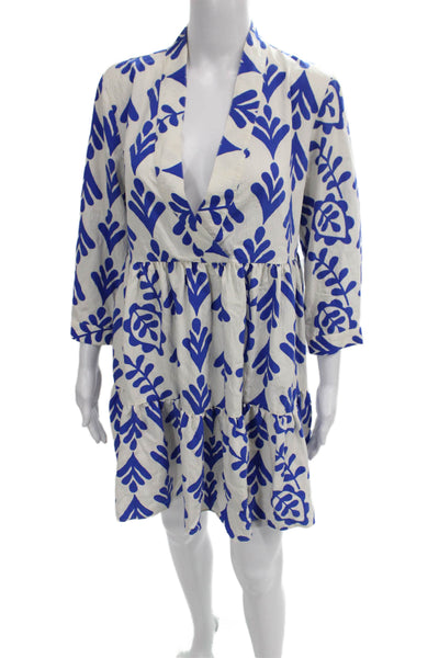 Zara Women Shift Dress Blue Floral V-Neck 3/4 Sleeve Short Size S