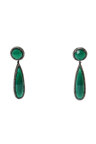 Designer Womens Gunmetal Tone Dyed Green Chalcedony + Diamond Drop Earrings